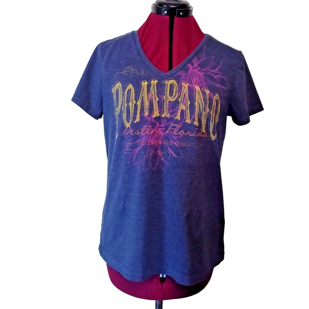 Sonoma Women's Medium V-Neck T-Shirt Multicolor Pompano Beach Graphic Tee M